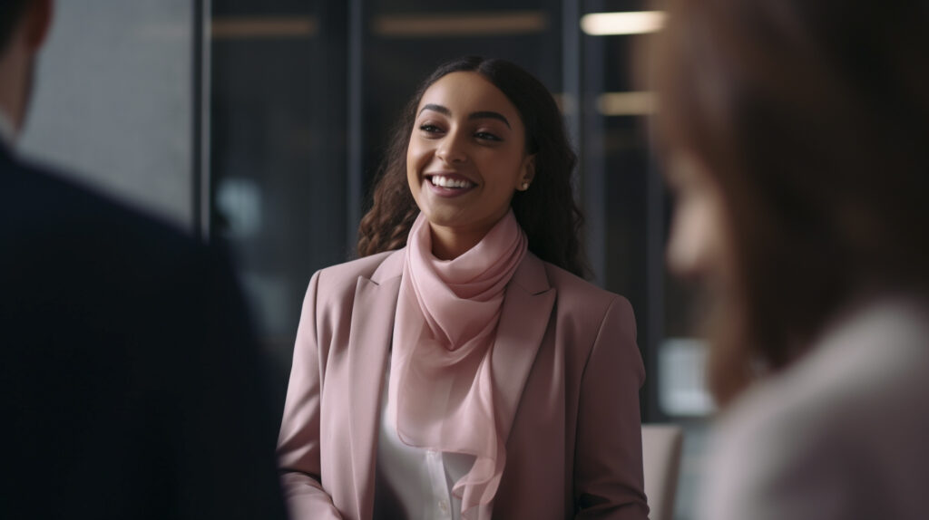 Uma mulher especialista em recrutamento e seleção de profissionais de TI trabalha sorridente em um ambiente corporativo. Ela está sorrindo e usa  terno e lenço na cor rosa.