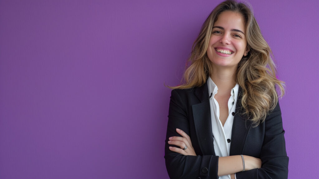 Uma profissional de TI sorridente representa os programas de educação corporativa.