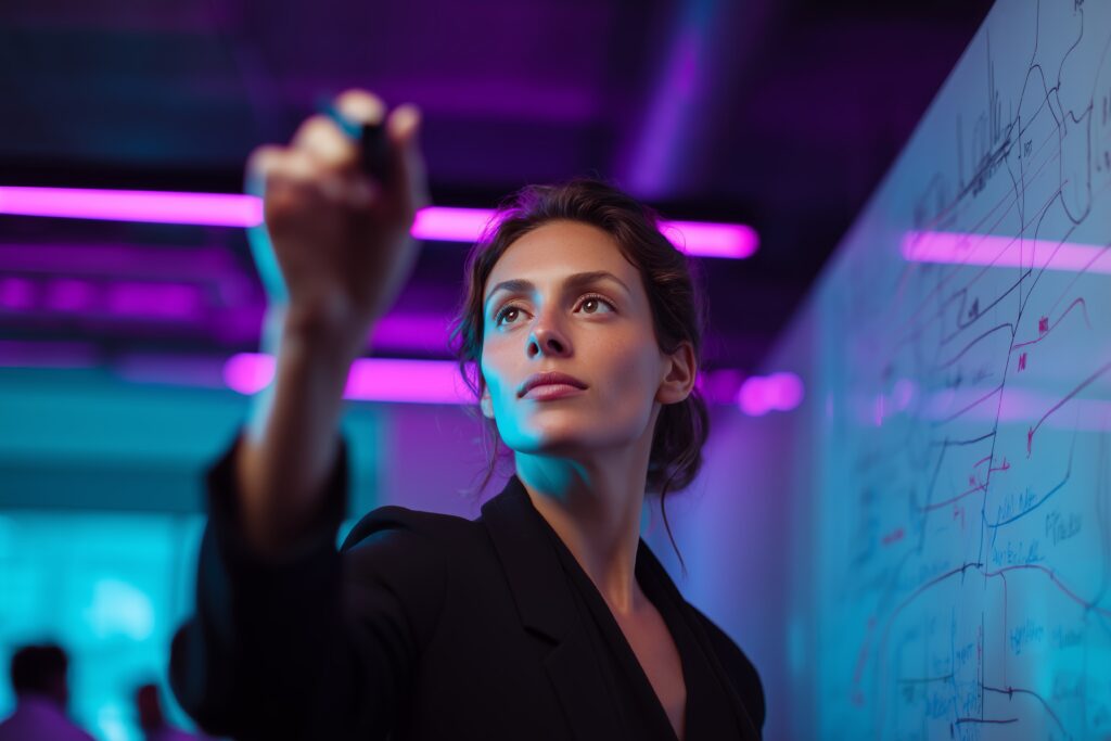 Como reconhecer alguém com potencial de liderança no seu time 1 Uma mulher com potencial de liderança escreve com confiança em um quadro.