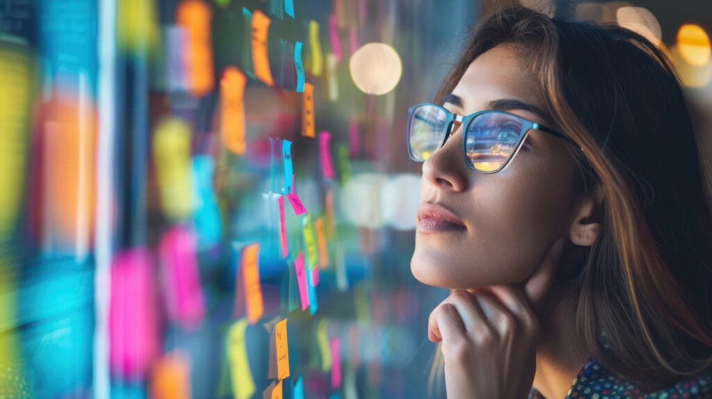 Tendências de gestão de pessoas para 2026 1 Uma mulher de óculos observa uma parede de notas adesivas de papel com anotações, representando as ideias de uma cultura centrada nas pessoas, uma das tendências de gestão de pessoas para 2026.