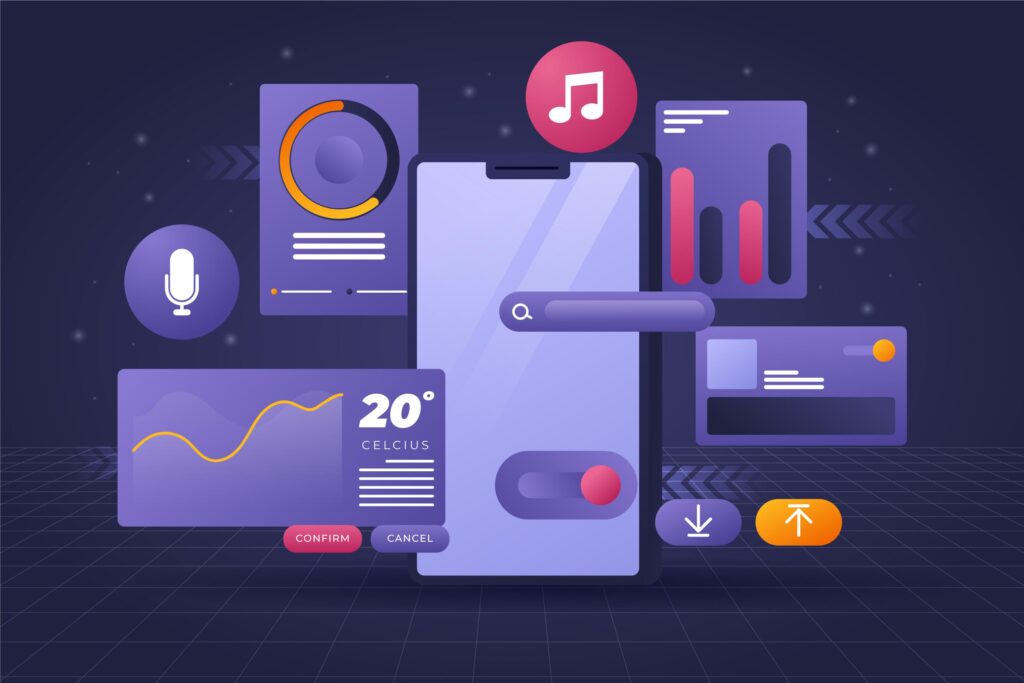 Ilustração de algumas interfaces roxas, feitas pro um profissional de UX/UI.