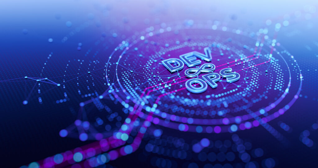 O que faz e quando contratar um Engenheiro DevOps? 1 DevOps desenvolvimento de software ícone digital nas cores roxo e azul.