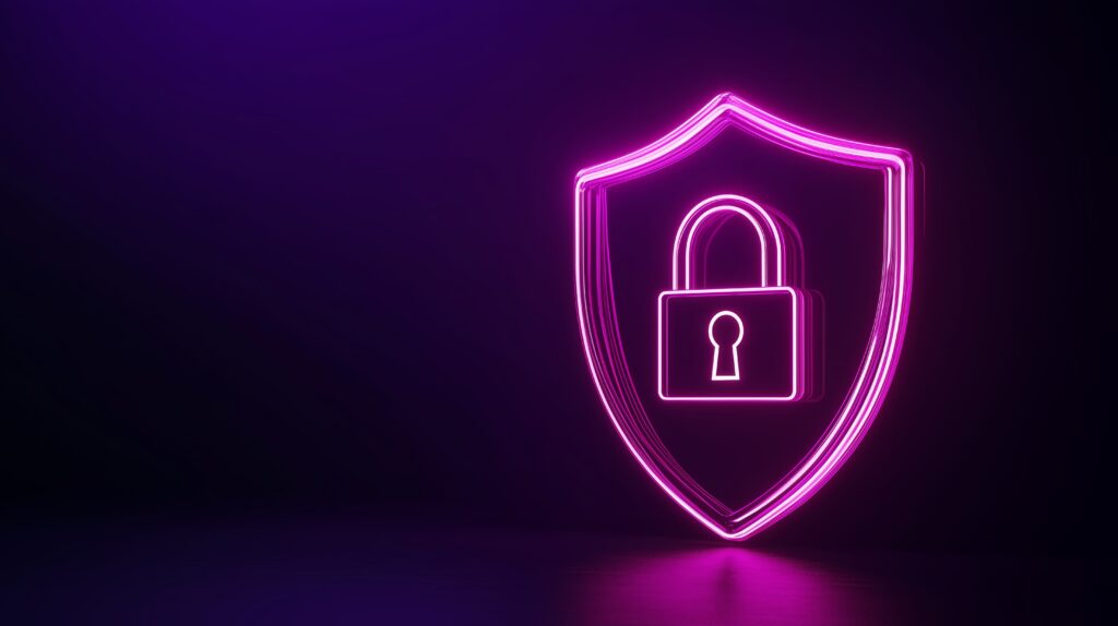 Uma ilustração de um escudo com um cadeado dentro simbolizam a cibersegurança das empresas que decidem contratar um ethical hacker.