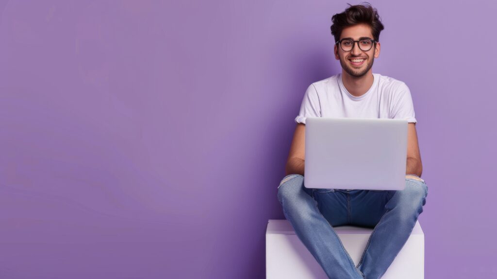 Um engenheiro de machine learning está sentado com notebook no colo enquanto trabalha sorridente.