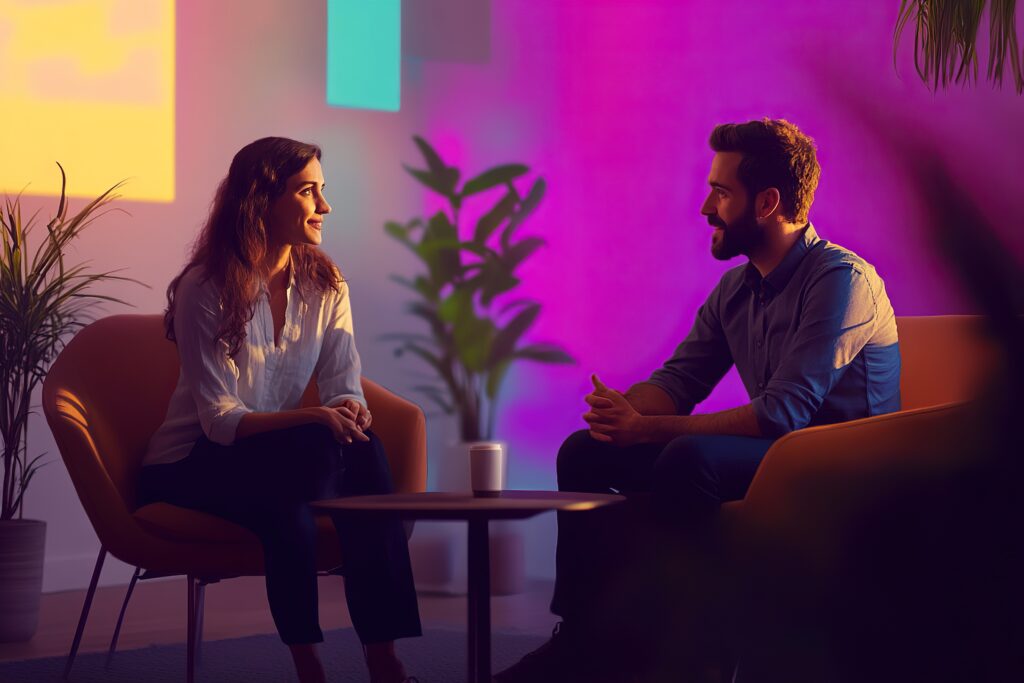 Um homem e uma mulher tomam um café enquanto utilizam feedbacks prontos para melhores resultados na equipe.