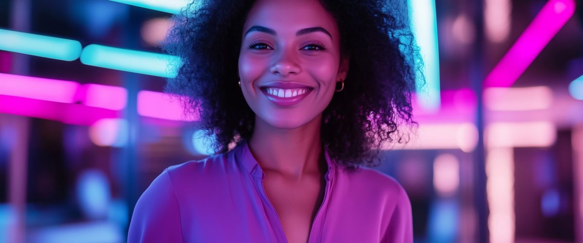 Cheerful Woman Smiling Under Neon Lights