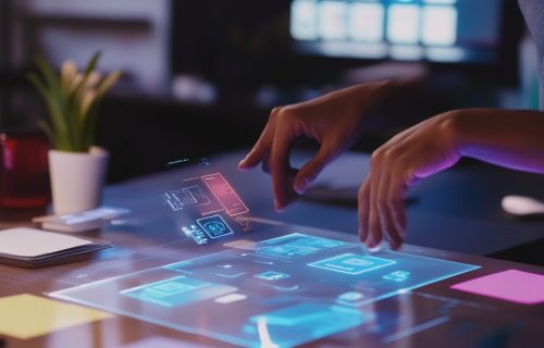 Close-Up of UX Designer Using Augmented Reality to Brainstorm Mobile App Interface Designs in a Modern Creative Workspace