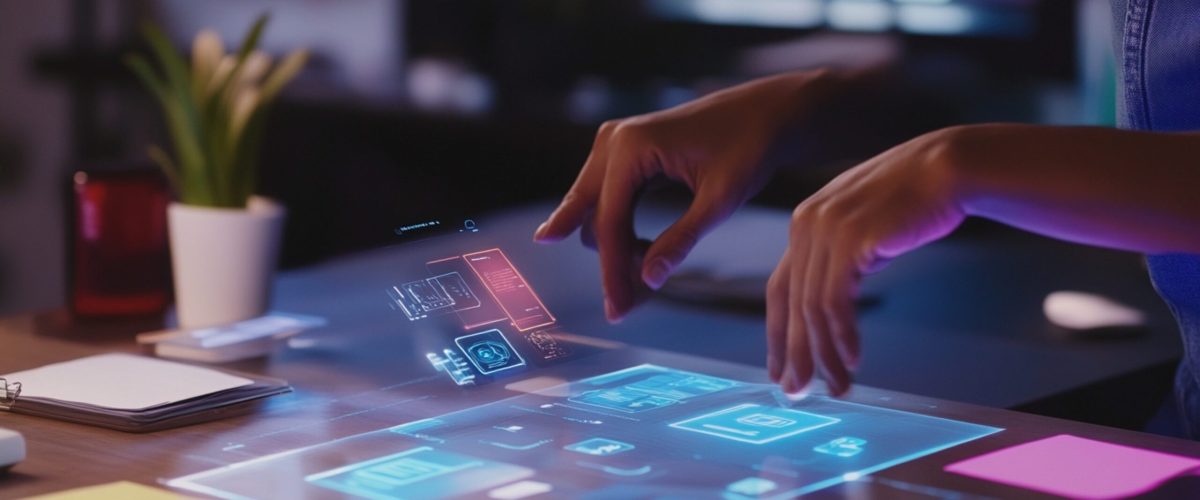 Close-Up of UX Designer Using Augmented Reality to Brainstorm Mobile App Interface Designs in a Modern Creative Workspace