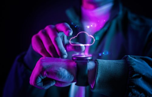 Cloud technology with futuristic hologram on smartwatch