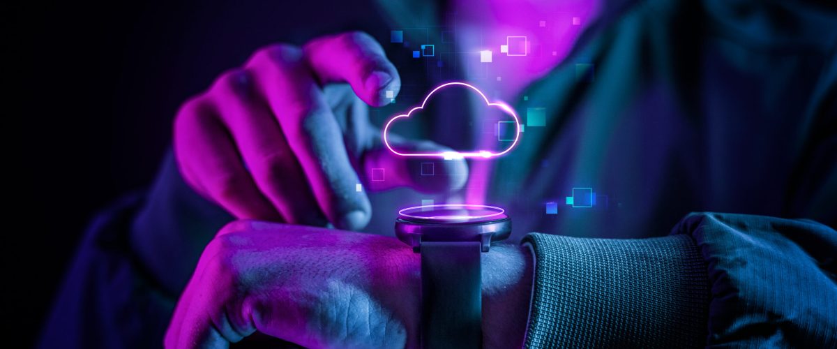 Cloud technology with futuristic hologram on smartwatch