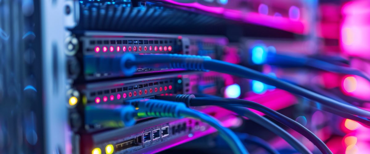 Data center cables connect to switches with bright LEDs, showing hightech connectivity and infrastructure