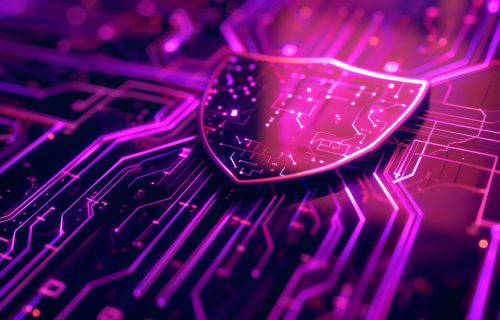 3D rendering of the shield icon with a glowing purple circuit board texture against a cyber background in the style of technology and digital security. A digital composition with high resolution and high detail. --ar 16:9 Job ID: c9eefbf8-cdb8-4442-97a8-d61588c2adf4