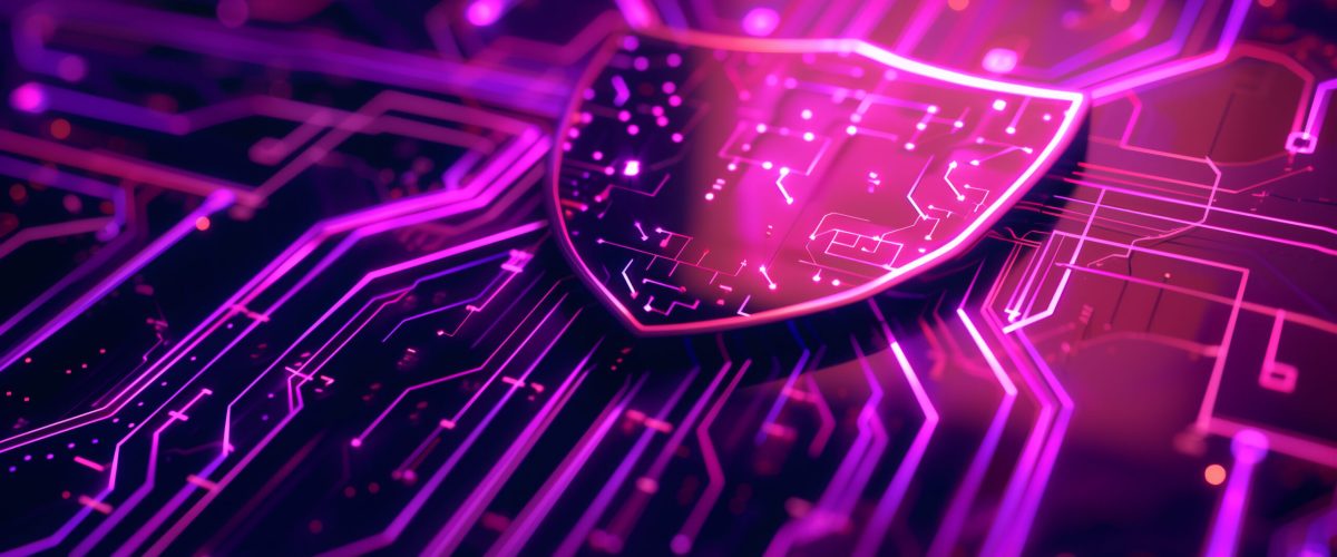 3D rendering of the shield icon with a glowing purple circuit board texture against a cyber background in the style of technology and digital security. A digital composition with high resolution and high detail. --ar 16:9 Job ID: c9eefbf8-cdb8-4442-97a8-d61588c2adf4