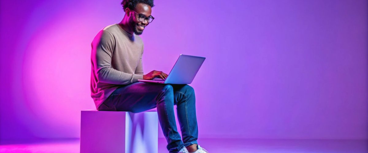 Handsome Black Programmer Guy Using Laptop Computer, Sitting On Big Cube In Neon Lighting, Cheerful African American Man In Glasses Working Or Study Online Over Purple