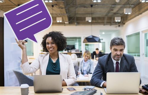 Happy businesswoman with speech bubble