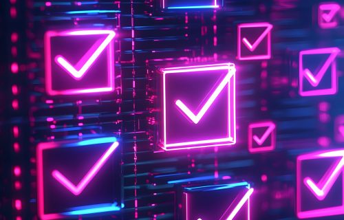 Abstract 3D rendering of glowing neon checkmarks in a digital space. Ideal for technology, success, completion, and approval concepts.  Pink and blue hues.