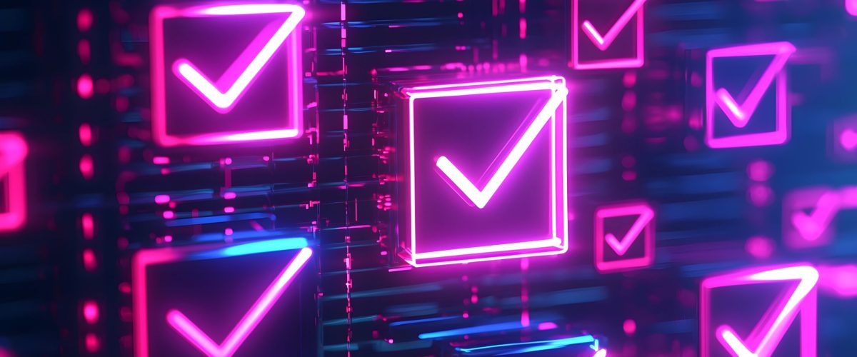 Abstract 3D rendering of glowing neon checkmarks in a digital space. Ideal for technology, success, completion, and approval concepts.  Pink and blue hues.