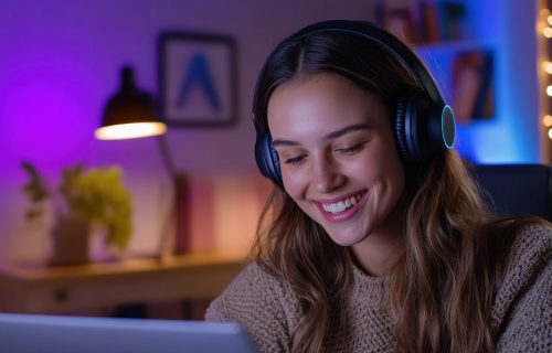 A woman is smiling while wearing headphones and sitting in front of a laptop. The room is dimly lit, and there are several books scattered around the area. The woman is enjoying her time