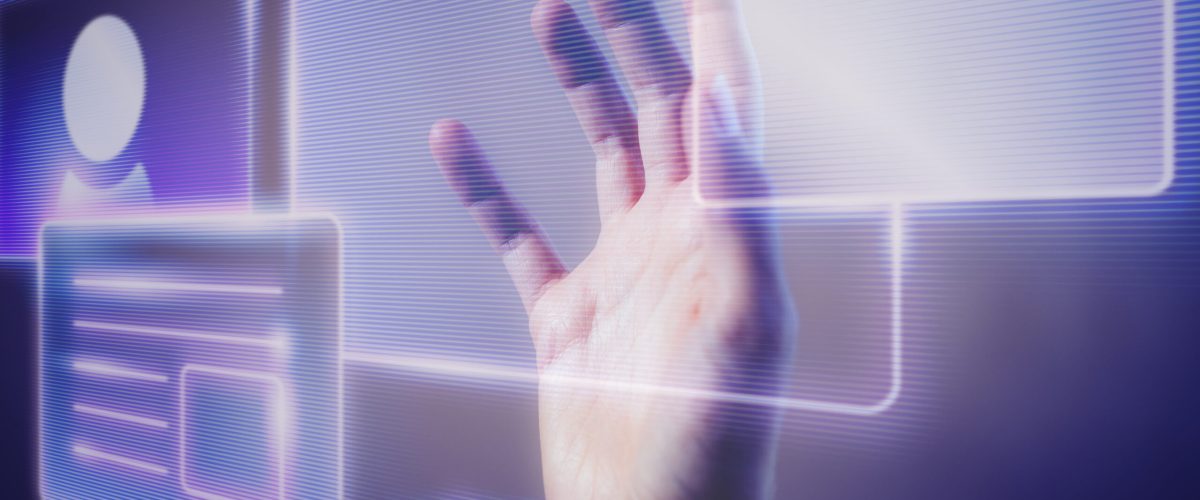 Woman touching a smart technology holographic interface