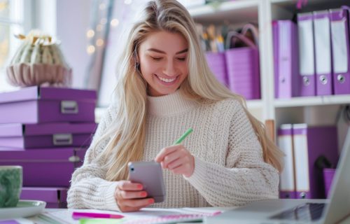 Woman in a cozy sweater writing notes on her phone at a desk in an organized purple-themed home office.