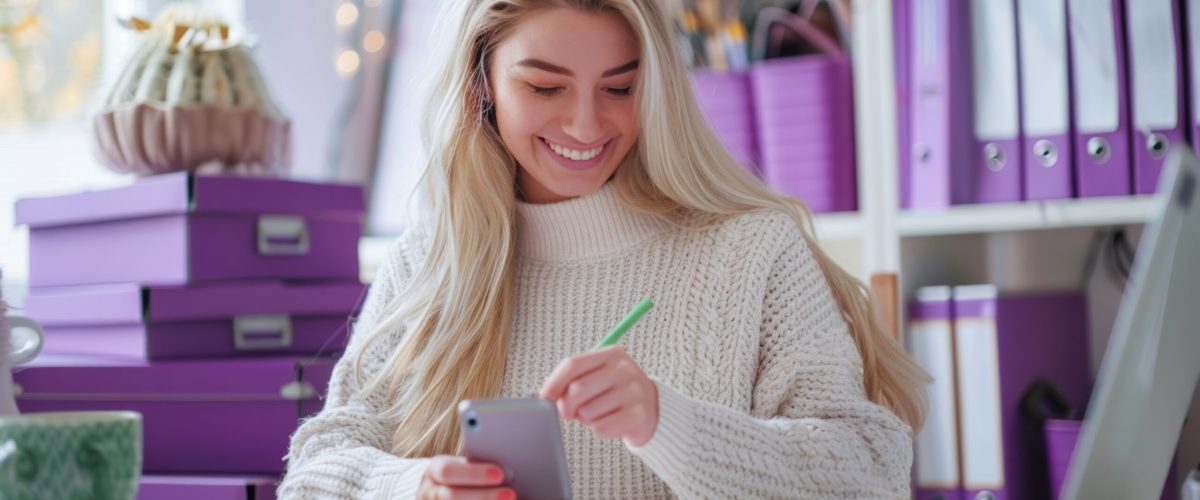 Woman in a cozy sweater writing notes on her phone at a desk in an organized purple-themed home office.